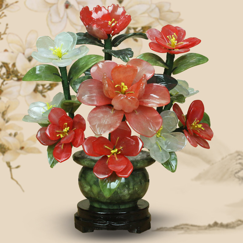 新中式玉石牡丹花摆件家居装饰品玉雕客厅玄关展柜桌面摆件送礼品