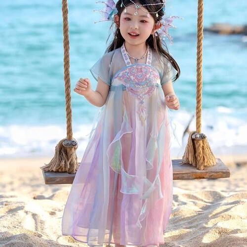 2026新款薄款汉服传统公主连衣裙儿童夏季超仙女孩演出美人鱼裙