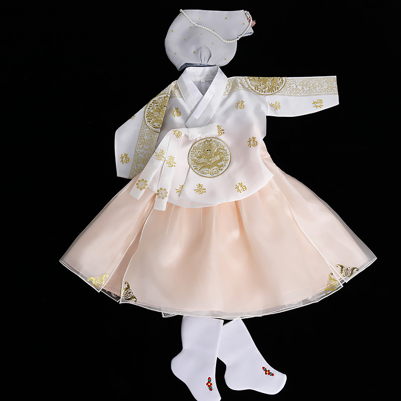 延边儿童长袖白色烫金唐衣韩服女童宝宝周岁生日公主摄影礼服E202
