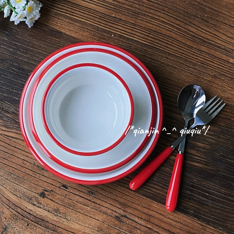 浅瑾秋秋菜盘陶瓷外贸红边米饭碗