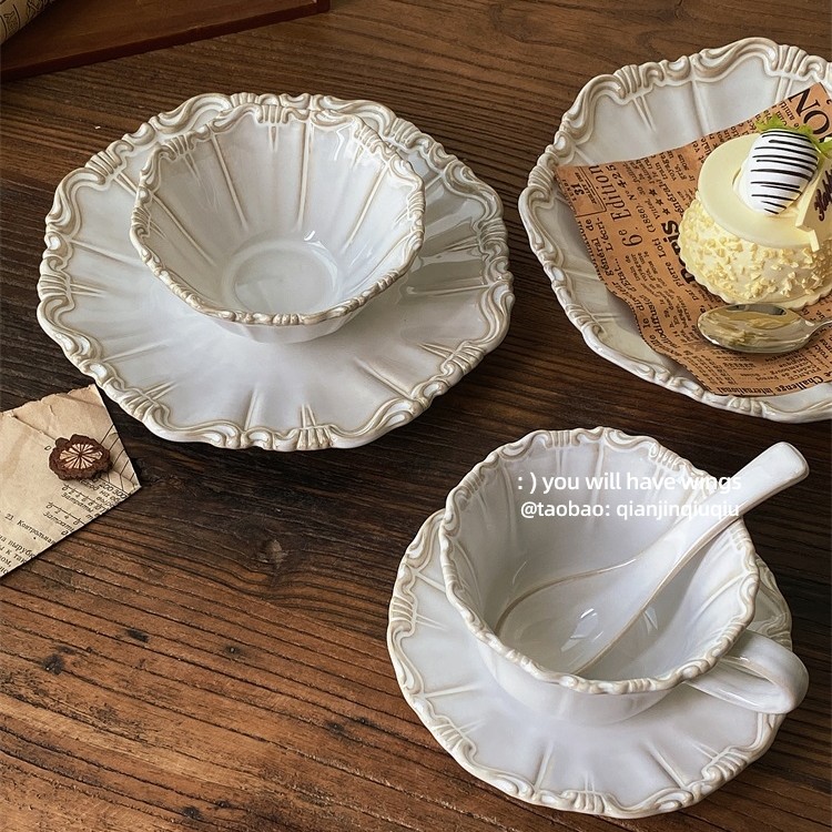 餐盘浅瑾秋秋复古浮雕家用釉下彩