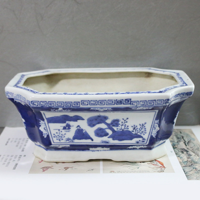 60年代70年代山水青花盆家用种花种盆景老瓷器老瓷盆手工怀旧装饰