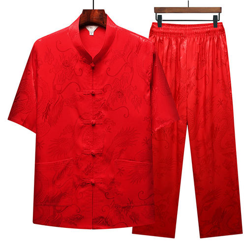 夏季中老年人唐装男薄款真丝中国风爸爸短袖套装上衣裤子宽松大码