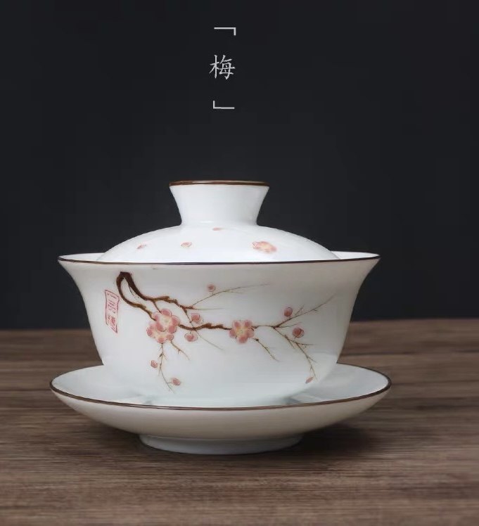 潮州功夫茶具 釉中彩梅花盖碗 三才碗 三才杯 陶瓷茶碗 功夫茶具