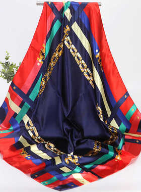 缎面女士职业90*90厘米大方巾披肩头巾链条图案丝巾秋冬百搭围巾