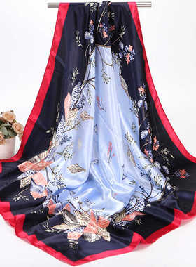 仿真丝女士百搭藤蔓花蓝色印花90*90cm方巾盖头围巾围巾/丝巾披肩