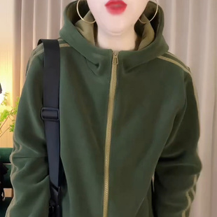 胖MM慵懒风休闲连帽长袖 2025年冬季 女装 大码 拉链外套上衣 绿色新款
