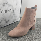 伊伴正品 撤柜女鞋 时尚 EBLAN 圆头粗跟时装 靴百搭真皮侧拉链短筒靴