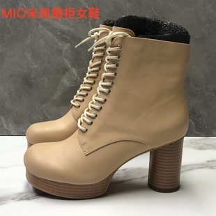女鞋 真皮粗跟短靴女防水台高跟圆头靴子性感舒适 撤柜断码 MIO正品