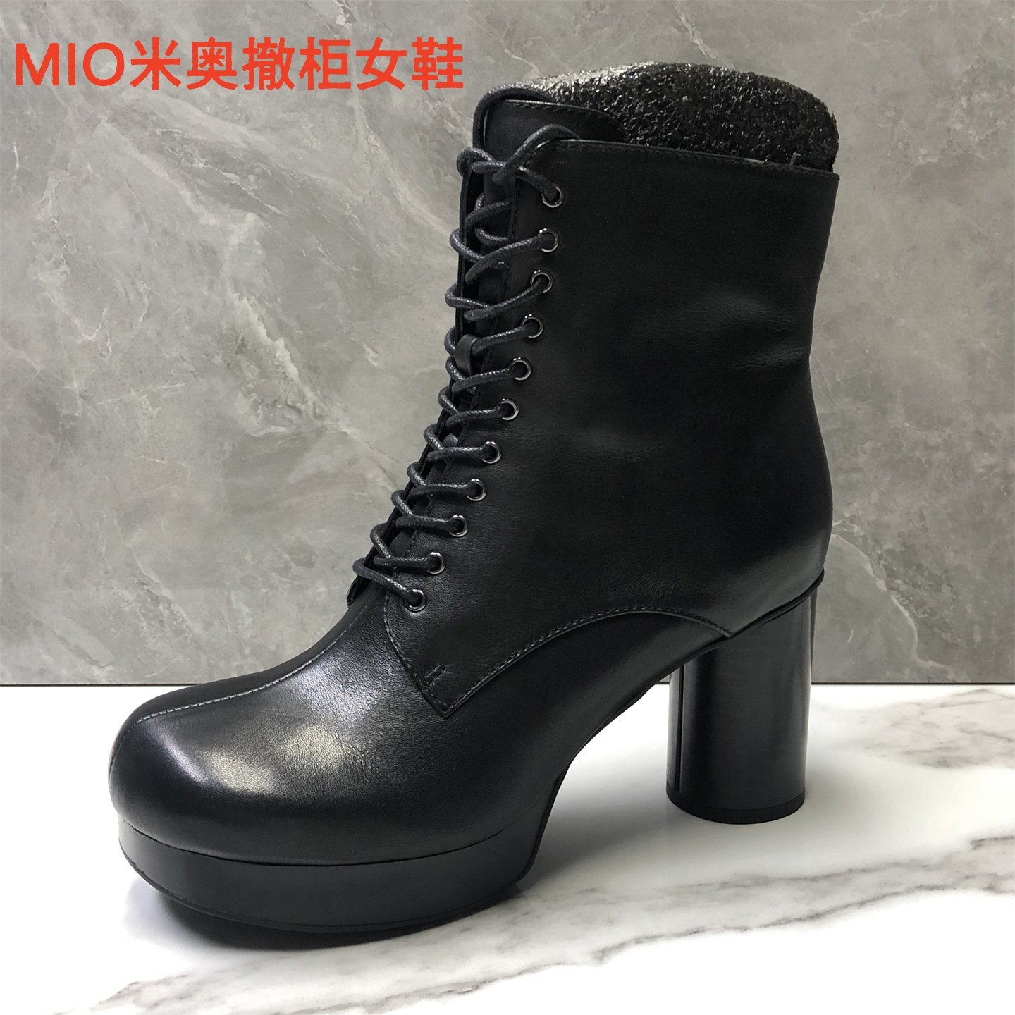 MIO米奥撤柜断码真皮女靴欧美风气质粗跟短靴女高跟圆头靴子百搭