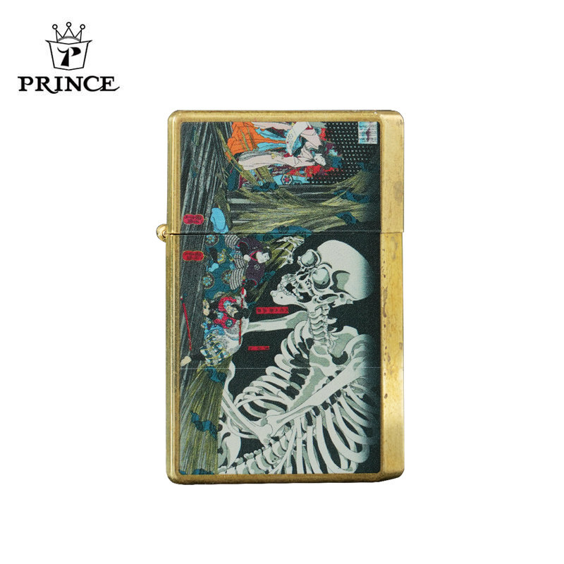 原装日本PRINCE王子新品煤油打火机骷髅头个性防风火机磨砂轮创意