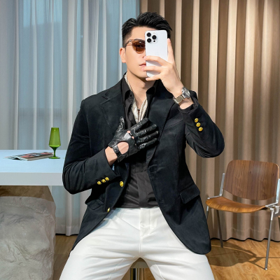 高端男装绒面西服男士休闲便西外套秋季新款潮时尚老钱风西装