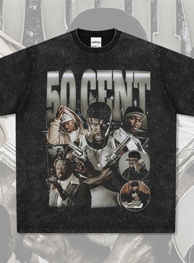 50 Cent嘻哈说唱美式T恤街头潮牌复古印花做旧水洗纯棉宽松短袖