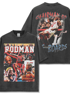 罗德曼Rodman美式球星T恤街头嘻哈潮牌复古水洗双面印花宽松短袖