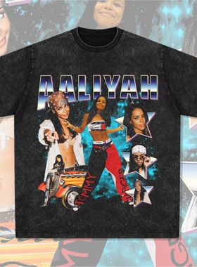 Aaliyah R&B歌手美式T恤街头潮牌复古印花做旧水洗重磅宽松短袖