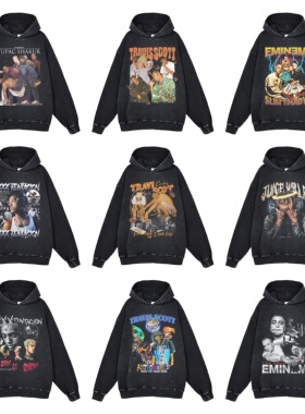 埃米纳姆TravisScott图派克XXX美式嘻哈说唱复古印花水洗连帽卫衣