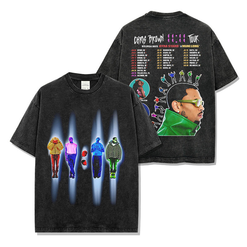 Chris Brown克里斯布朗 R&B歌手美式T恤复古水洗双面印花宽松短袖