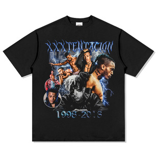 XXXTentacion嘻哈说唱美式T恤街头潮牌复古印花做旧水洗宽松短袖