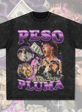 Peso Pluma嘻哈说唱美式街头潮牌复古印花做旧水洗重磅宽松短袖