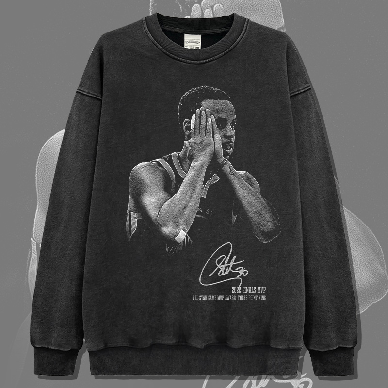 库里美式球星复古印花水洗卫衣潮