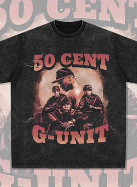 50 Cent嘻哈说唱美式T恤街头潮牌复古印花做旧水洗重磅圆领短袖