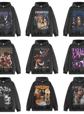 侃爷阿姆TravisScott图派克XXX美式嘻哈说唱复古印花水洗连帽卫衣