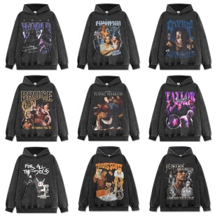 侃爷阿姆TravisScott图派克XXX美式嘻哈说唱复古印花水洗连帽卫衣