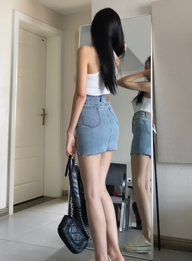 enen 牛仔短裙女弹力高腰紧身性感包臀裙A字显瘦百搭性感半身裙