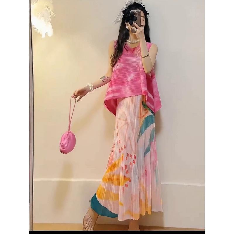 早春多巴胺小个子显高粉色渐变无袖上衣印花半裙套装夏装