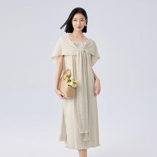 褶衣批发2025夏季 连衣裙木耳边宽松休闲褶皱披风直筒裙女短袖
