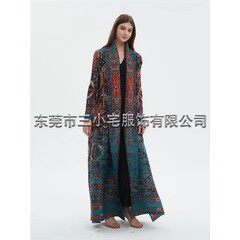 褶皱唯美长袍长袖褶皱度假大衣外套披风印花女时尚