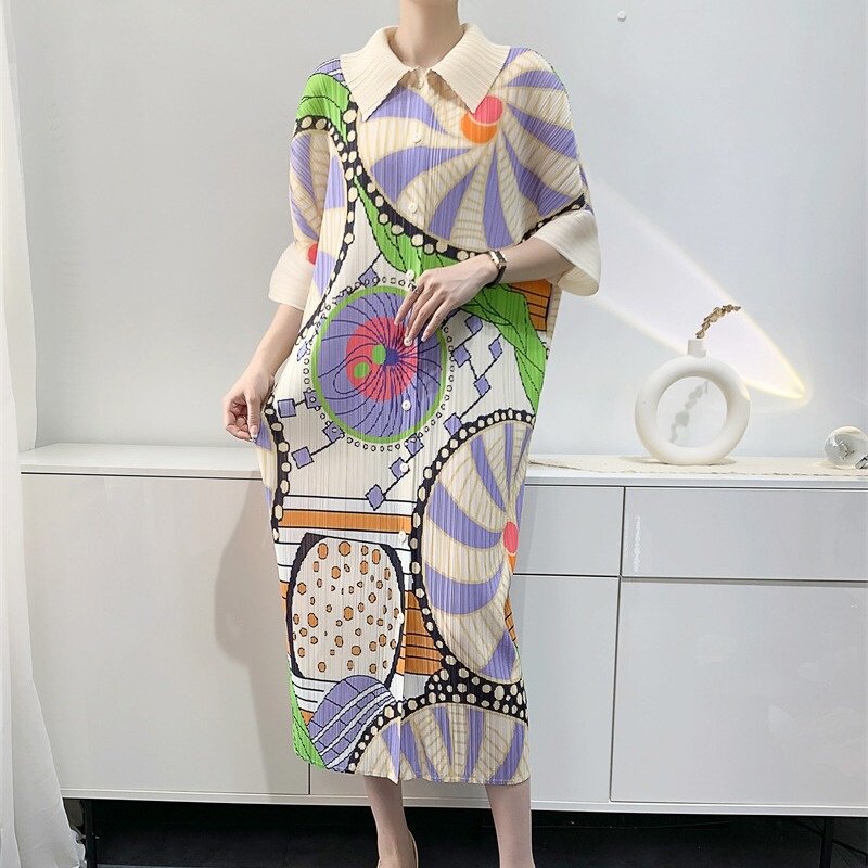 2024春夏新款褶皱连衣裙女中长款印花百褶裙宽松大码妈妈装