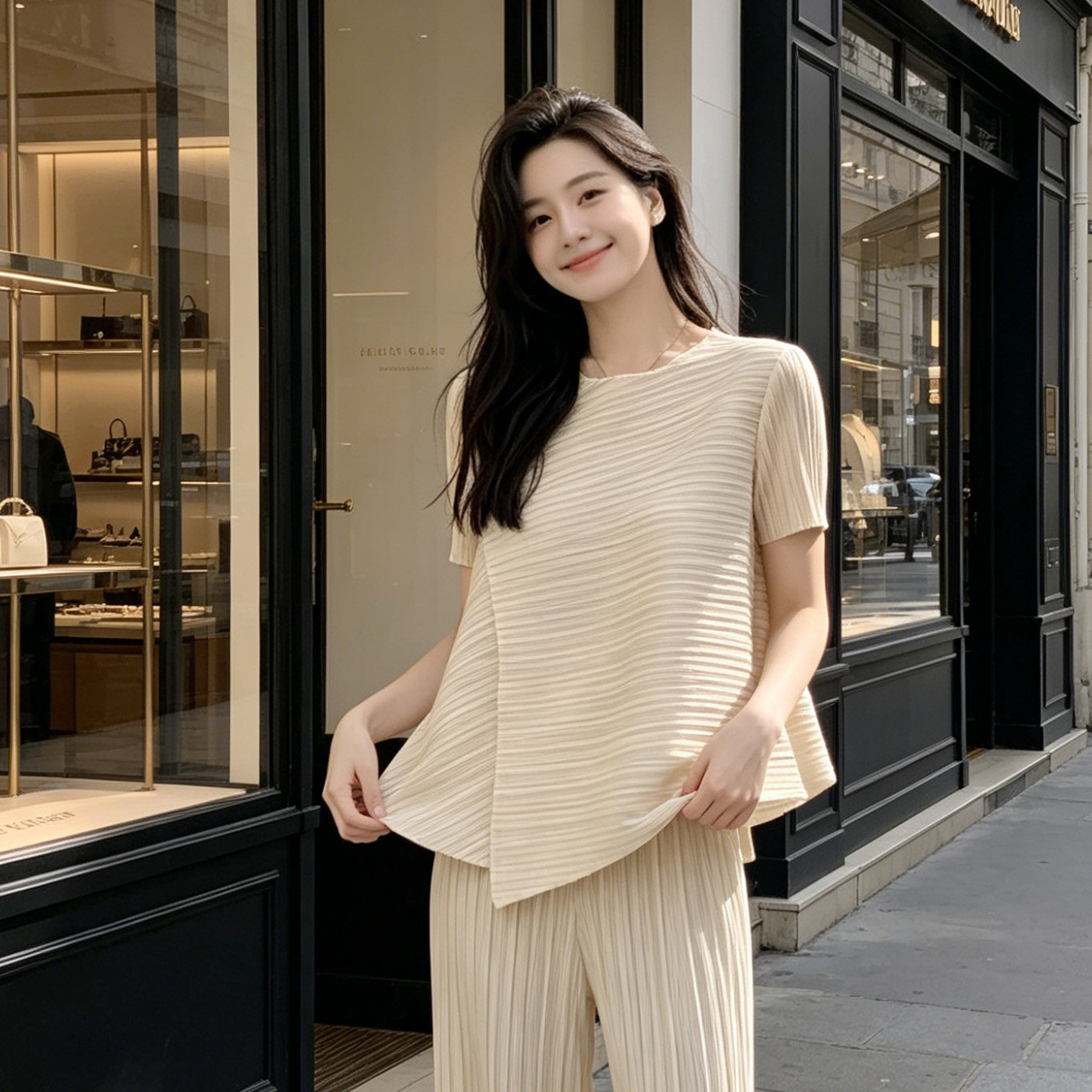 褶皱宅时尚气质设计款圆领绑带收腰短袖上衣纯色宽松衬衣女式均码