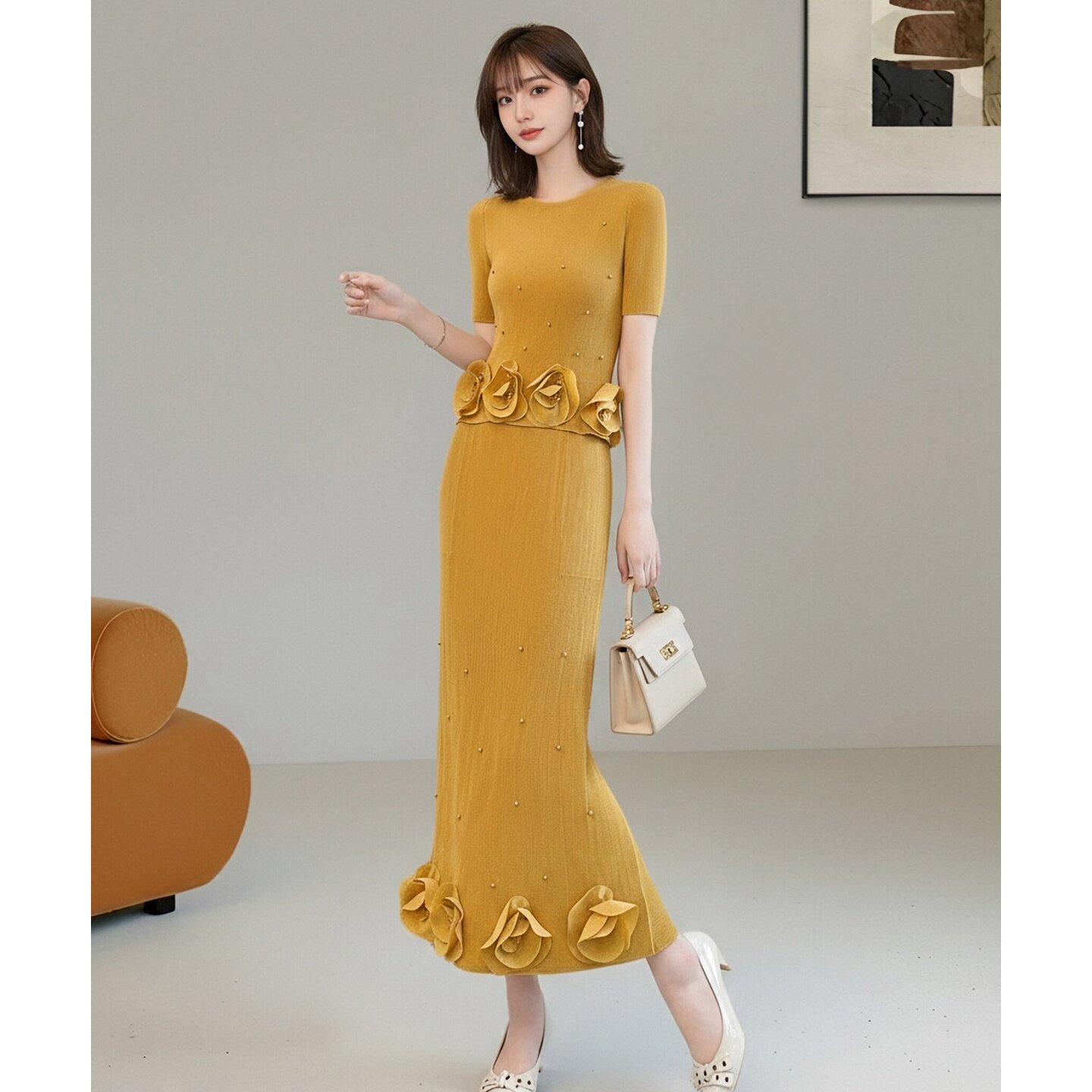 褶皱绿色套装裙女春夏高端优雅风立体花朵装饰长裙两件套