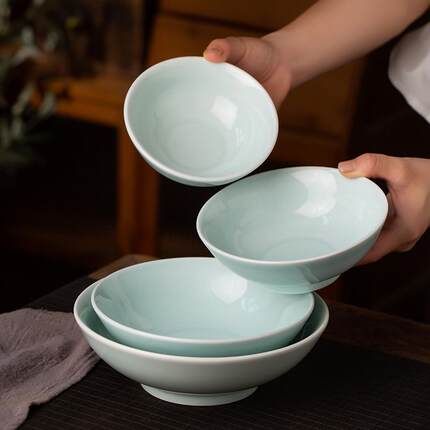 景德镇釉下彩影青瓷米饭碗中式简约6寸碗精致甜品碗蒸菜碗拌面碗