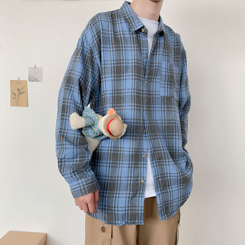 很仙的衬衣男痞帅格子外套韩版潮流ins夏季港风纯棉衬衫男生外穿