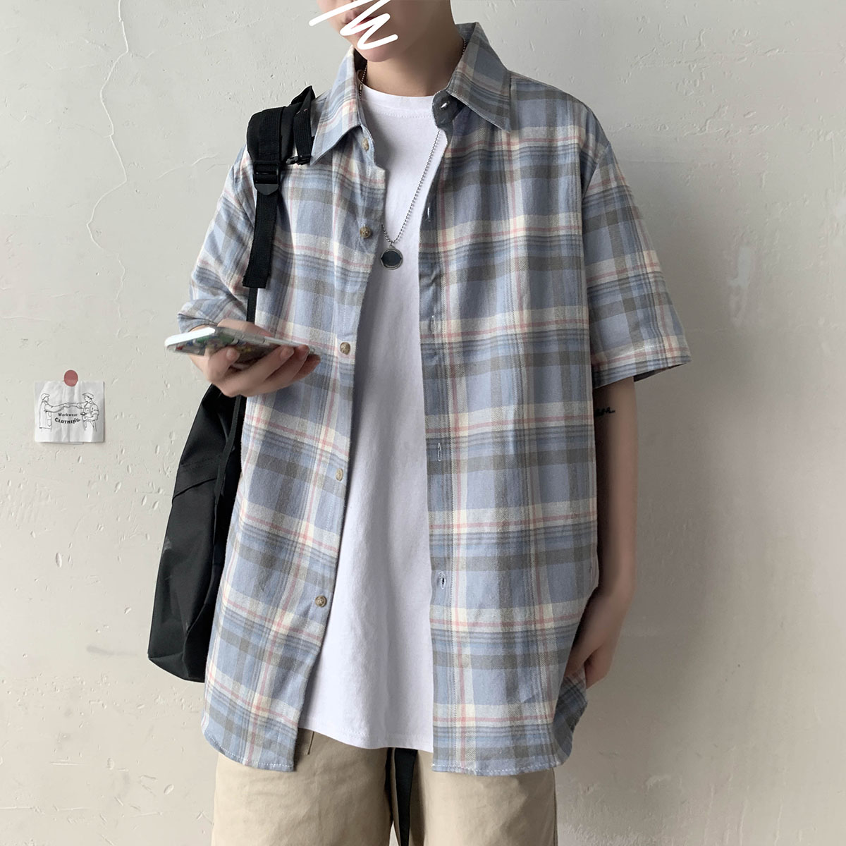 格子短袖衬衫男生复古港味衬衣ins港风日系痞帅五分袖潮牌网红寸