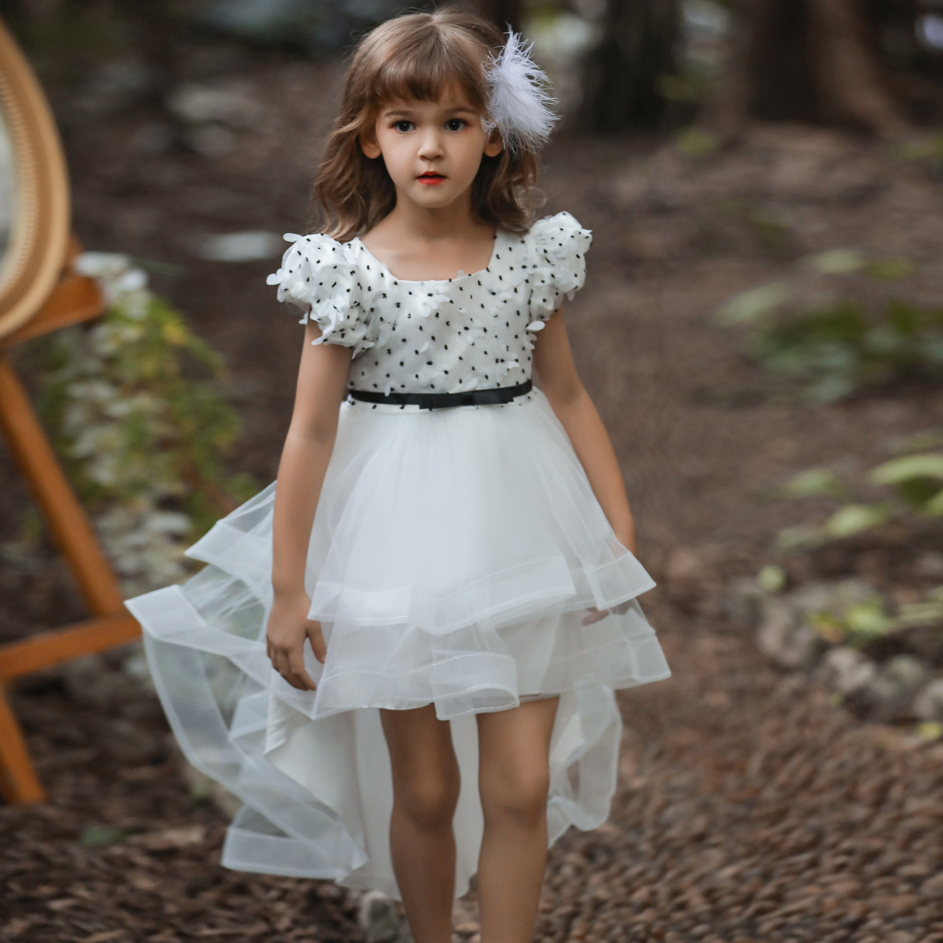 跨境新款欧美童装网纱拖尾泡泡袖公主裙走秀主持人演出连衣裙