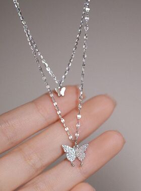 S999足银双层蝴蝶项链女高级轻奢2024新款叠戴颈链小众纯银锁骨链