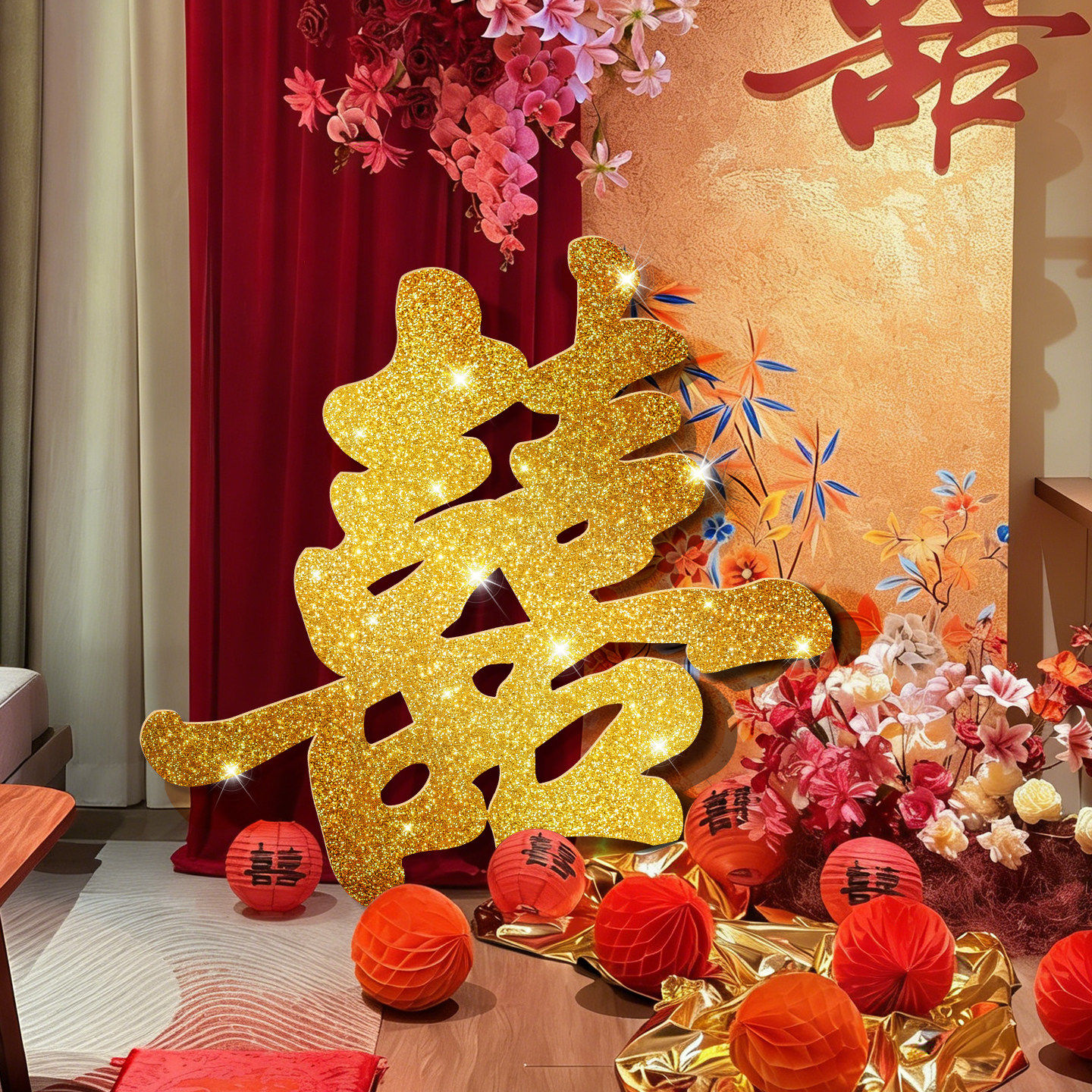 鎏金立体KT板超大喜字结婚金色拍照道具婚礼落地摆件婚房布置装饰