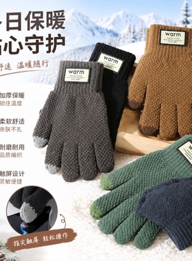 可触屏毛线手套秋冬季男情侣学生骑行加绒加厚针织简约风防寒保暖