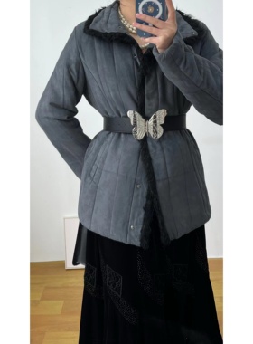 昭和复古涤纶蓝灰色麂皮绒人造毛边vintage古着孤品棉袄外套女