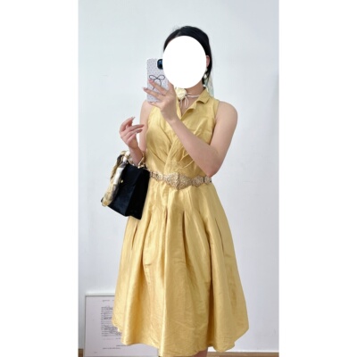 古着复古真丝珠光缎面褶皱连衣裙