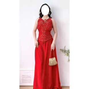 vintage古着红色涤纶假两件镂空设计手工亮片钉珠长款礼服连衣裙