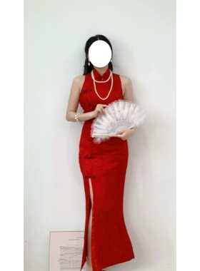 vintage古着cest经典削肩改良盘扣侧开衩黄金9码大热款旗袍连衣裙