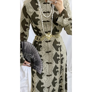 vintage古着新中式人丝绿色印花古董感蕾丝图案盘扣小立领连衣裙