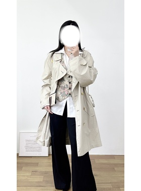 vintage古着英伦复古B*r*e*r*s全棉米灰色双排扣经典战壕款风衣女