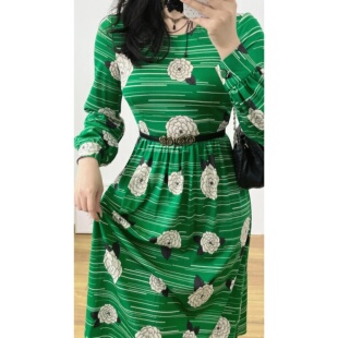 昭和复古优雅森英惠绿色横纹白色印花褶皱高腰vintage古着连衣裙