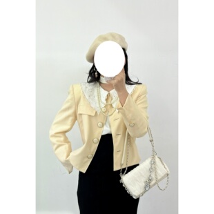 vintage古着复古百搭迪 全羊毛米黄色斜纹亚克力圆扣短外套女