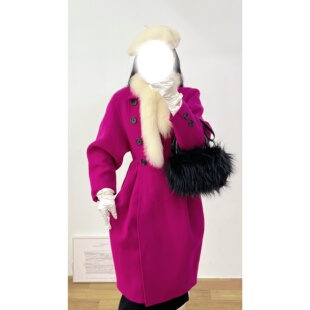 古着港风复古OscardelaRenta羊毛火龙果色斜襟亚克力圆扣收腰大衣